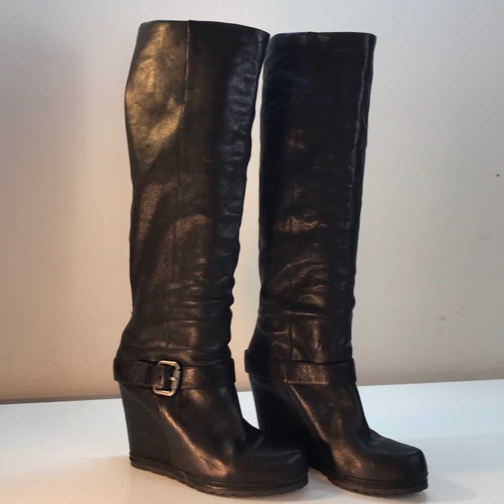 Vera Wang Knee High Black Leather Wedge Heel Boots